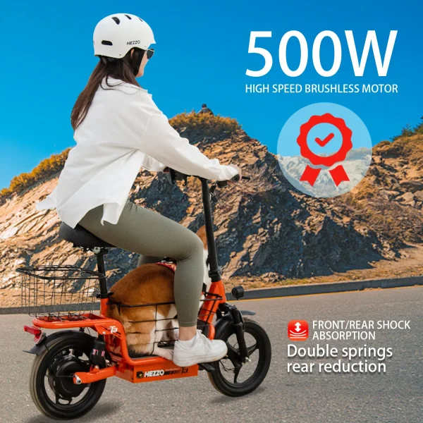 48V 500W Carbon Steel Ebike | Multi-Shock Absorption Electric Commuter Bike with 14” Road Tires & Basket - Image 3