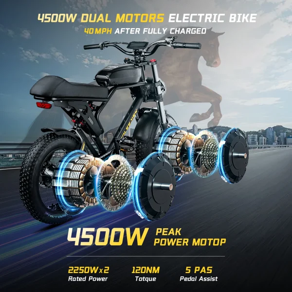 4500W Electric Bike | 40MPH Fat Tire E-Bike for Adults with 25.6Ah Battery, 20”x4” Tires, 100-Mile Range - Image 3