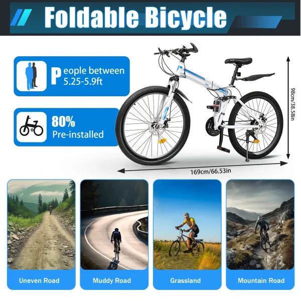 26-Inch Foldable Mountain Bike | 21-Speed Carbon Steel Bicycle for Adults, Portable Road Bike - Image 2