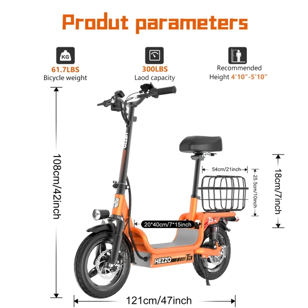 48V 500W Electric Bike | Carbon Steel Ebike with Multi-Shock Absorption, 14” Road Tires & Basket for City Commuting - Image 3